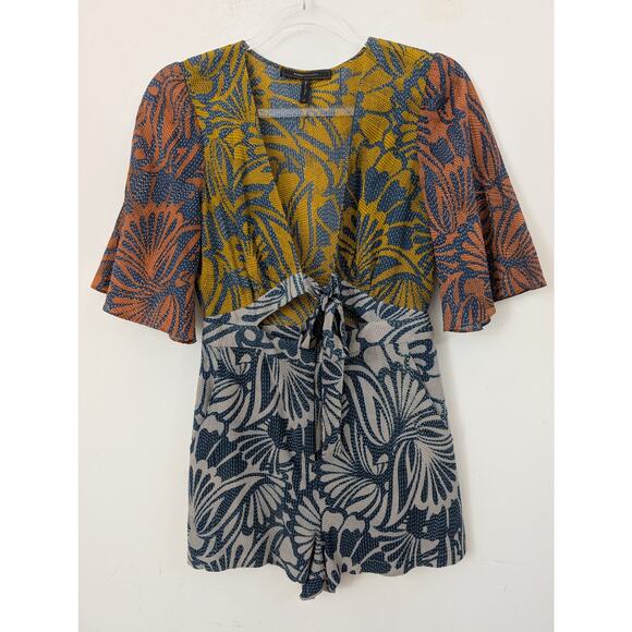 BCBGMAXAZRIA Ivy Cotton Silk Blocked Floral Print Tie Front Romper Size XS - Picture 4 of 13